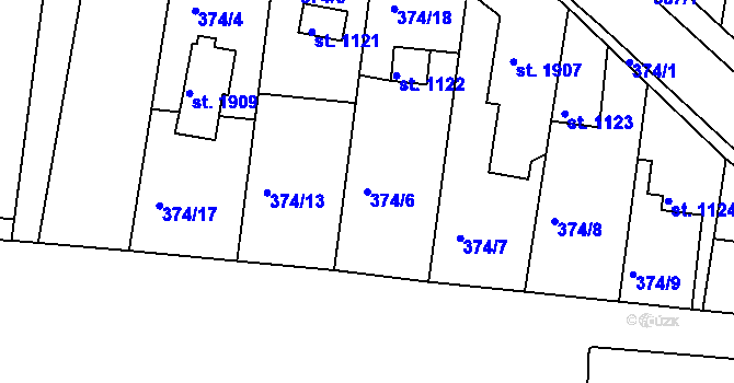 Parcela st. 374/6 v KÚ Vodňany, Katastrální mapa
