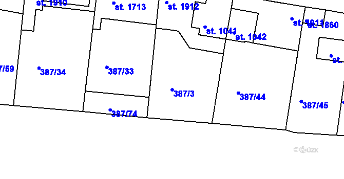 Parcela st. 387/3 v KÚ Vodňany, Katastrální mapa