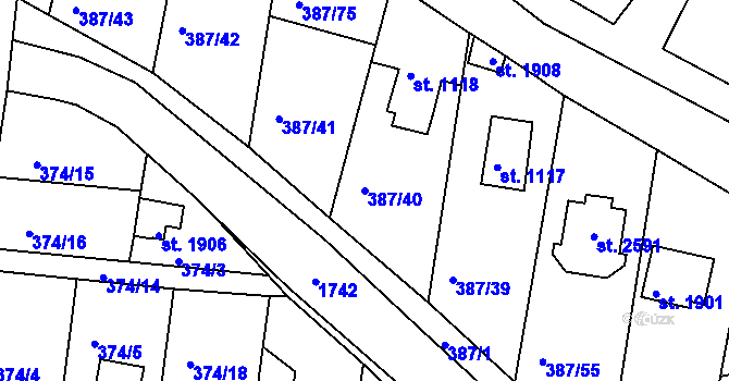 Parcela st. 387/40 v KÚ Vodňany, Katastrální mapa