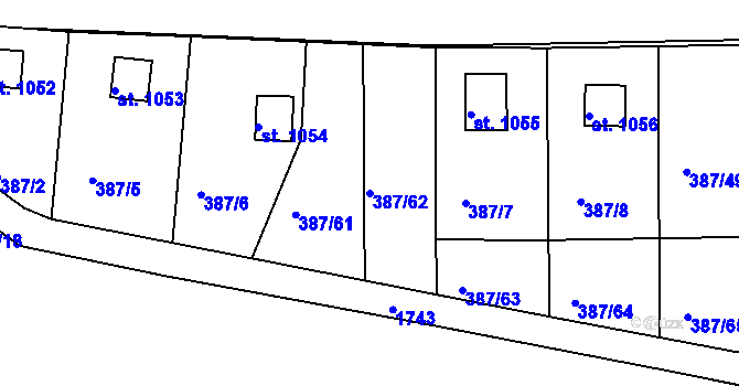 Parcela st. 387/62 v KÚ Vodňany, Katastrální mapa