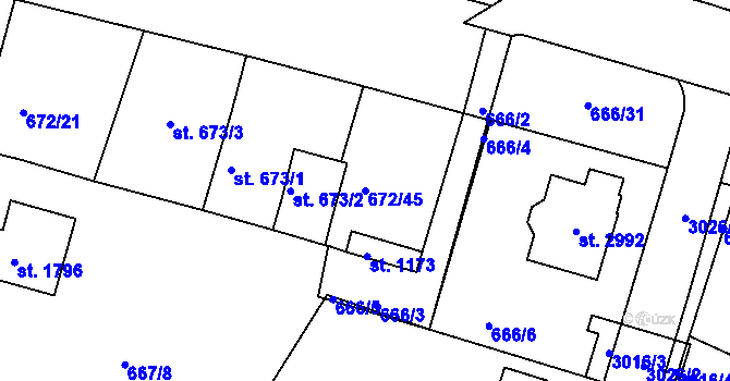 Parcela st. 672/45 v KÚ Vodňany, Katastrální mapa