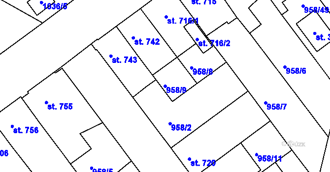 Parcela st. 958/9 v KÚ Vodňany, Katastrální mapa