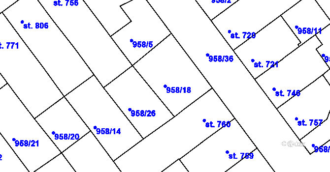 Parcela st. 958/18 v KÚ Vodňany, Katastrální mapa