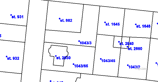 Parcela st. 1043/3 v KÚ Vodňany, Katastrální mapa