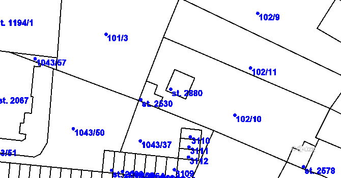Parcela st. 2880 v KÚ Vodňany, Katastrální mapa