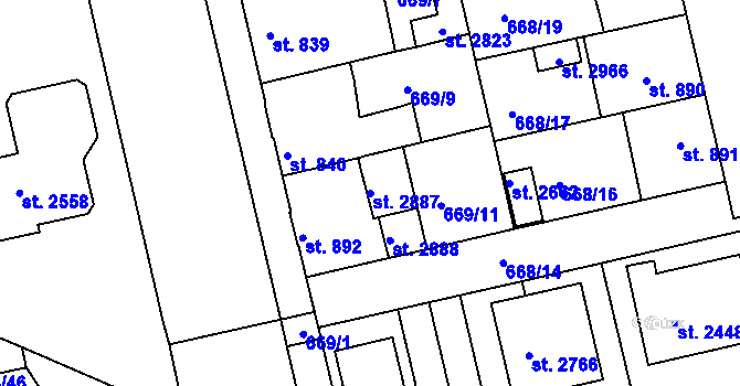 Parcela st. 2887 v KÚ Vodňany, Katastrální mapa