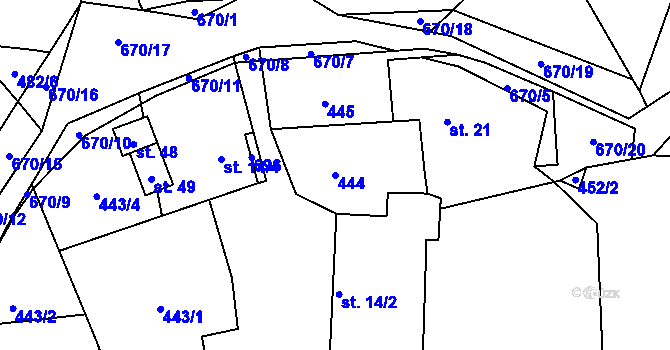 Parcela st. 444 v KÚ Minartice, Katastrální mapa