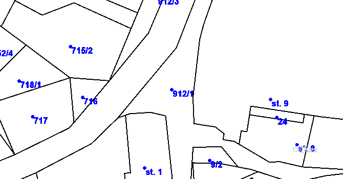 Parcela st. 912/1 v KÚ Křivousy, Katastrální mapa