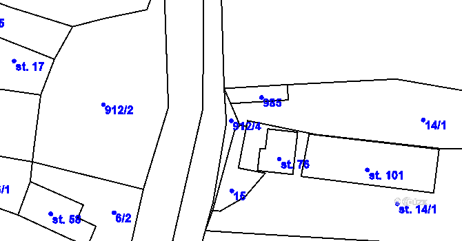 Parcela st. 912/4 v KÚ Křivousy, Katastrální mapa