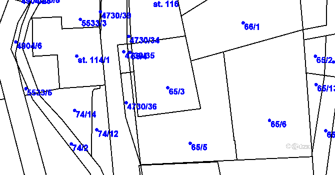 Parcela st. 65/3 v KÚ Volary, Katastrální mapa