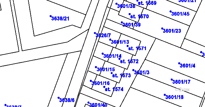 Parcela st. 3601/14 v KÚ Volary, Katastrální mapa