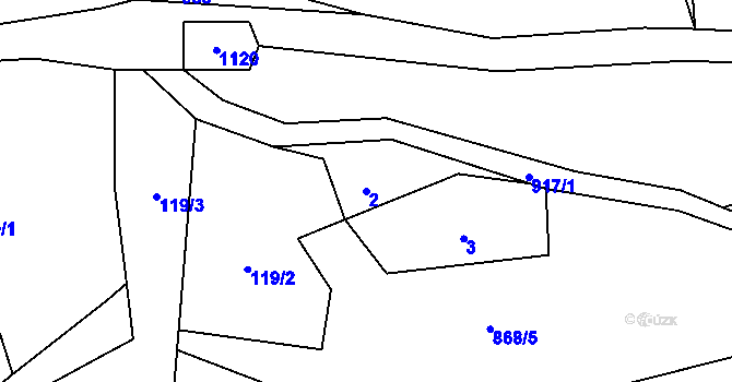 Parcela st. 2 v KÚ Debrné, Katastrální mapa
