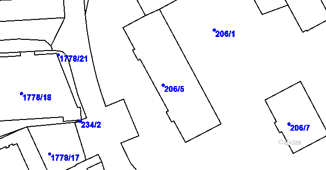 Parcela st. 206/5 v KÚ Volyně, Katastrální mapa