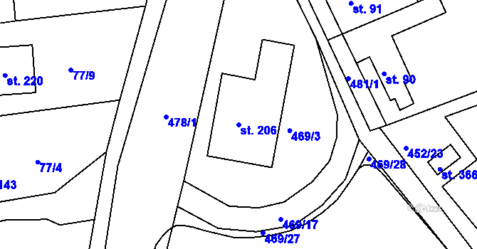 Parcela st. 206 v KÚ Vonoklasy, Katastrální mapa