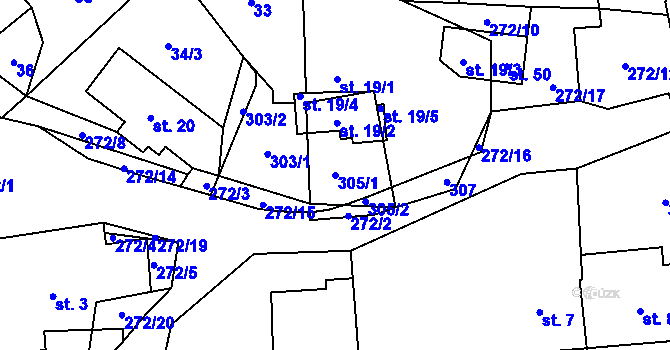Parcela st. 305/1 v KÚ Lhoty, Katastrální mapa