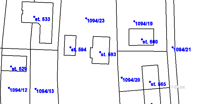 Parcela st. 593 v KÚ Vrábče, Katastrální mapa