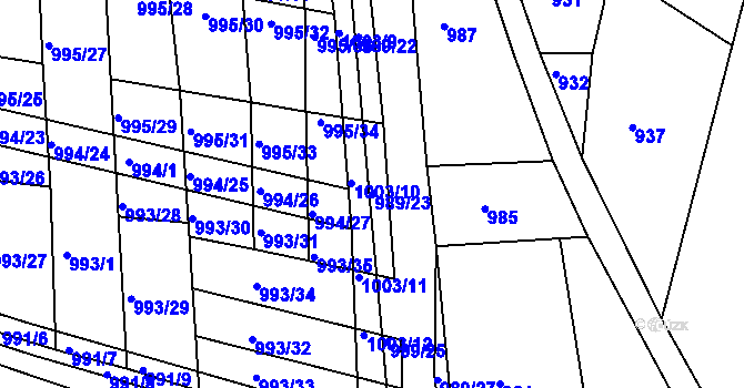 Parcela st. 989/23 v KÚ Vracov, Katastrální mapa