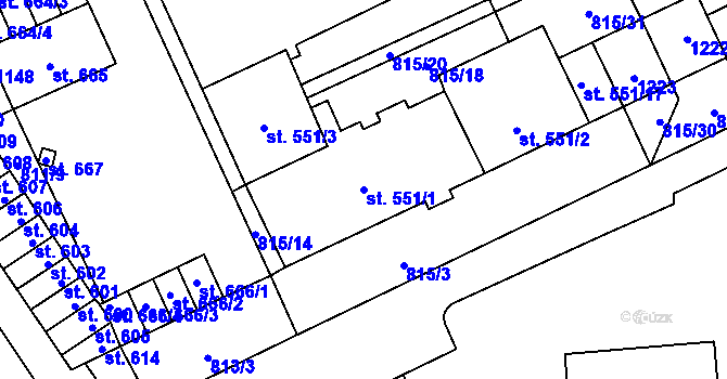 Parcela st. 551/1 v KÚ Vrahovice, Katastrální mapa