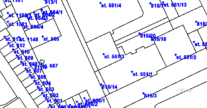 Parcela st. 551/3 v KÚ Vrahovice, Katastrální mapa