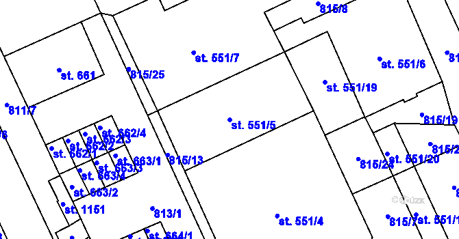 Parcela st. 551/5 v KÚ Vrahovice, Katastrální mapa