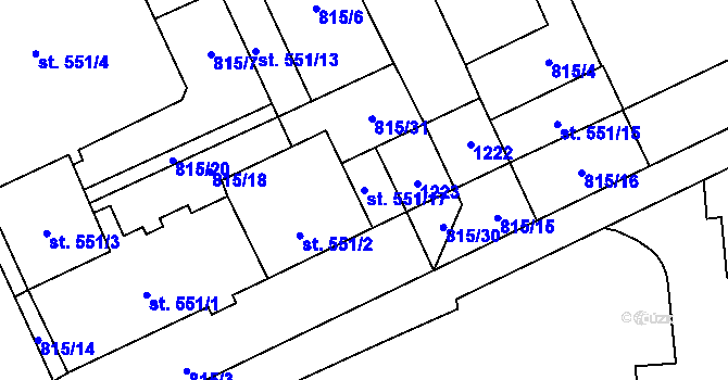 Parcela st. 551/17 v KÚ Vrahovice, Katastrální mapa