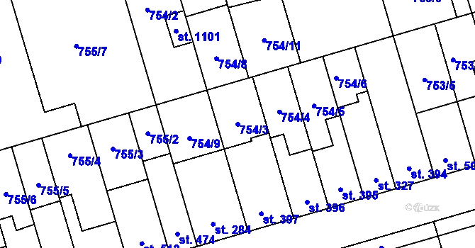 Parcela st. 754/3 v KÚ Vrahovice, Katastrální mapa