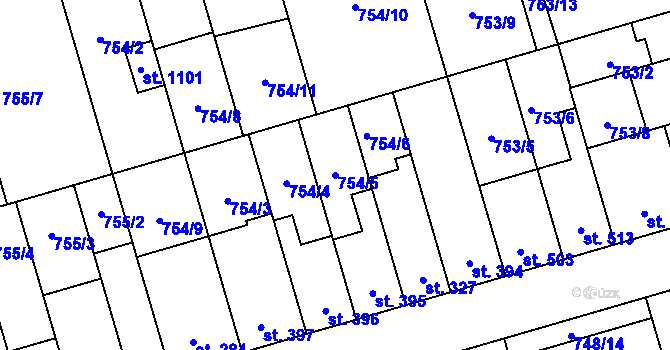 Parcela st. 754/5 v KÚ Vrahovice, Katastrální mapa