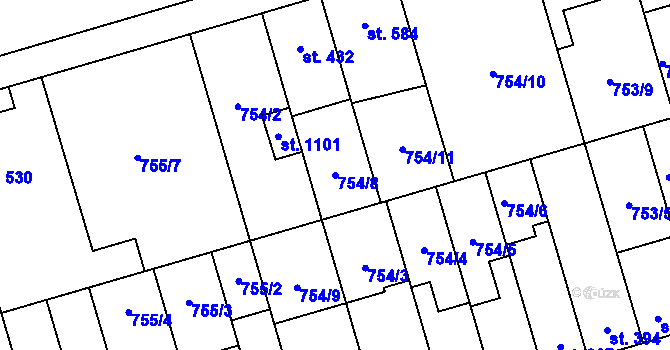 Parcela st. 754/8 v KÚ Vrahovice, Katastrální mapa