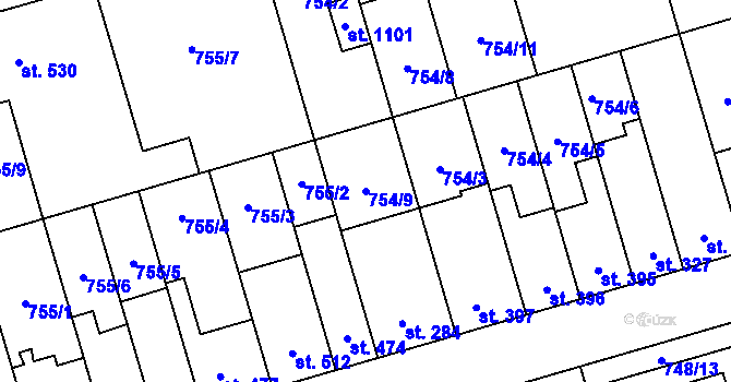 Parcela st. 754/9 v KÚ Vrahovice, Katastrální mapa