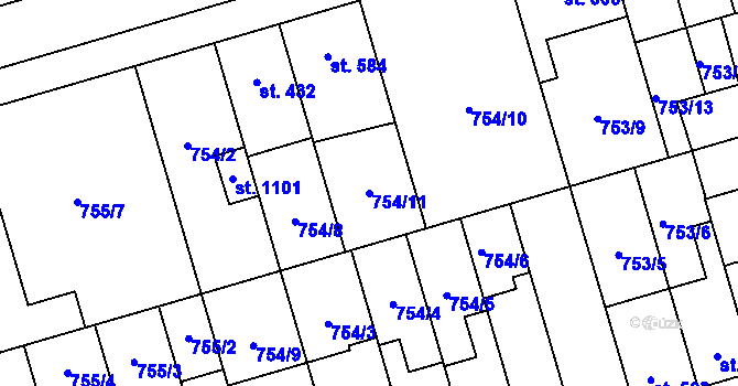 Parcela st. 754/11 v KÚ Vrahovice, Katastrální mapa