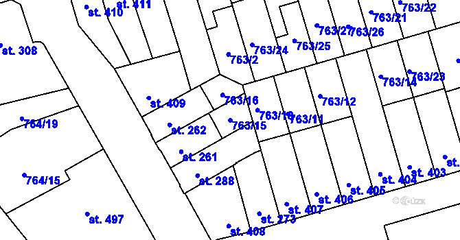 Parcela st. 763/15 v KÚ Vrahovice, Katastrální mapa
