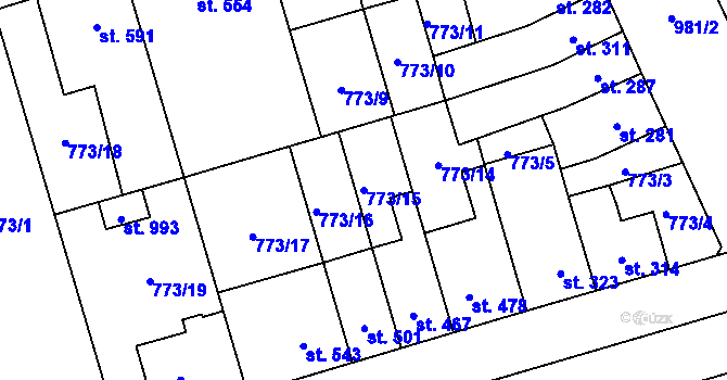Parcela st. 773/15 v KÚ Vrahovice, Katastrální mapa