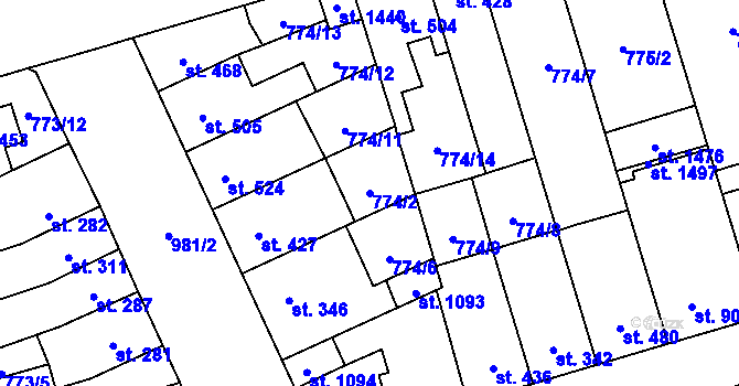 Parcela st. 774/2 v KÚ Vrahovice, Katastrální mapa