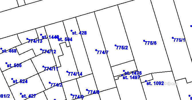 Parcela st. 774/7 v KÚ Vrahovice, Katastrální mapa