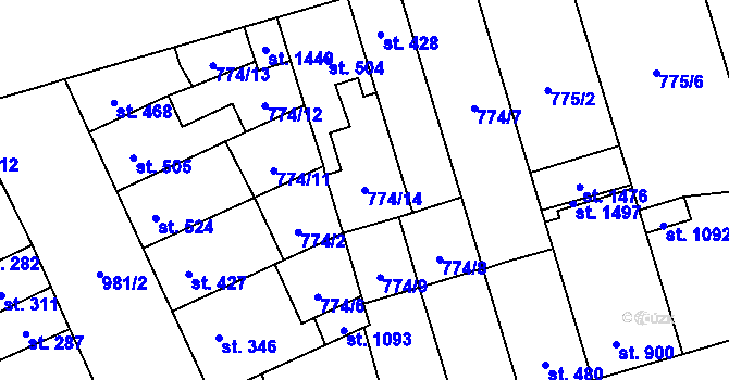 Parcela st. 774/14 v KÚ Vrahovice, Katastrální mapa