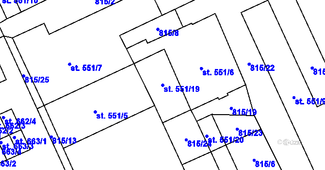 Parcela st. 551/19 v KÚ Vrahovice, Katastrální mapa