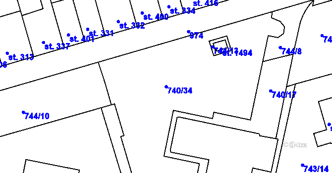 Parcela st. 740/34 v KÚ Vrahovice, Katastrální mapa