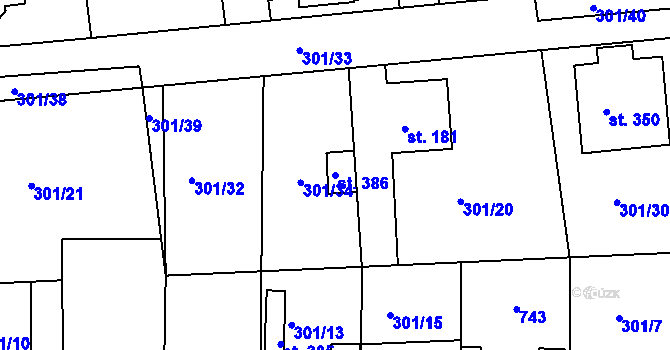 Parcela st. 386 v KÚ Vraňany, Katastrální mapa