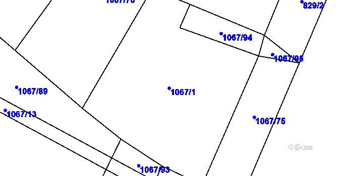 Parcela st. 1067/1 v KÚ Mýšlovice, Katastrální mapa