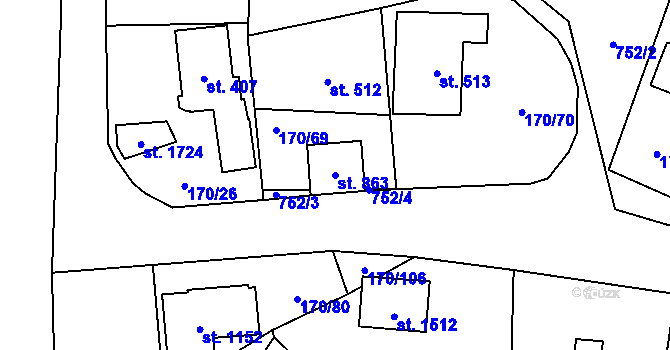 Parcela st. 863 v KÚ Vrané nad Vltavou, Katastrální mapa