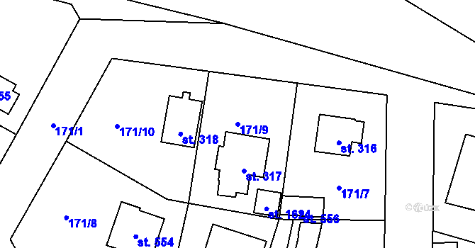 Parcela st. 171/9 v KÚ Vrané nad Vltavou, Katastrální mapa