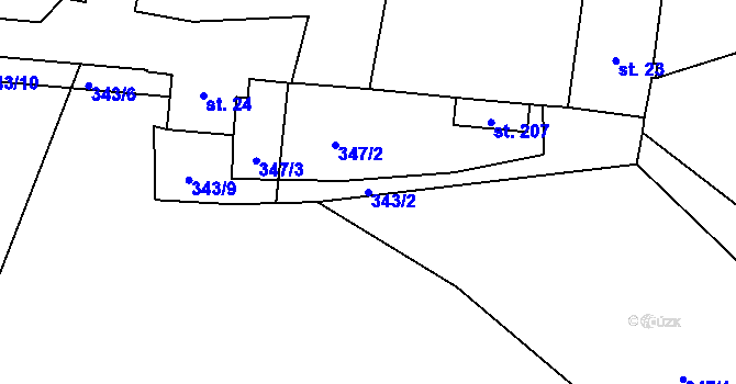 Parcela st. 343/2 v KÚ Vranov u Brna, Katastrální mapa