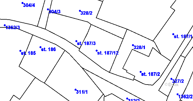 Parcela st. 187/12 v KÚ Vranov nad Dyjí, Katastrální mapa