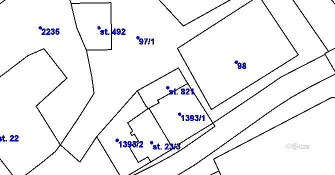 Parcela st. 821 v KÚ Vranov nad Dyjí, Katastrální mapa