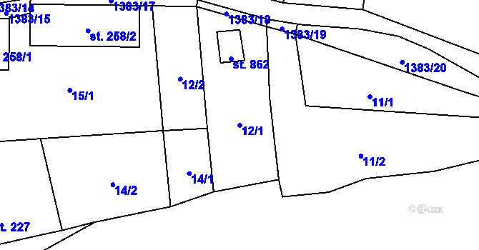 Parcela st. 12/1 v KÚ Vranov nad Dyjí, Katastrální mapa