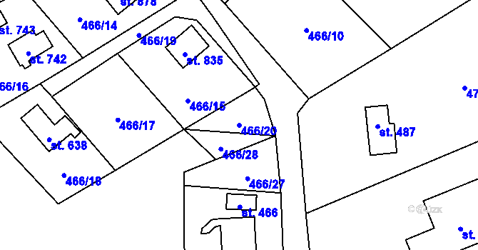Parcela st. 466/20 v KÚ Vranov nad Dyjí, Katastrální mapa