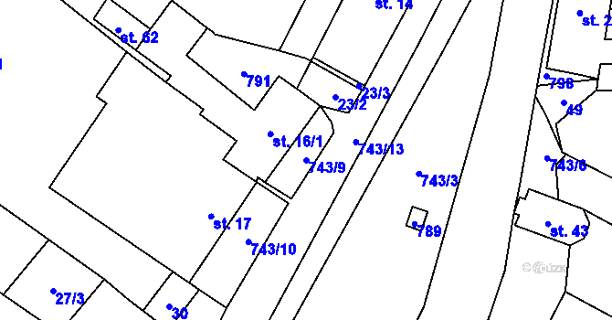 Parcela st. 743/9 v KÚ Vrážné, Katastrální mapa