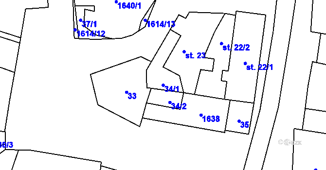 Parcela st. 34/1 v KÚ Vrbice u Roudnice nad Labem, Katastrální mapa