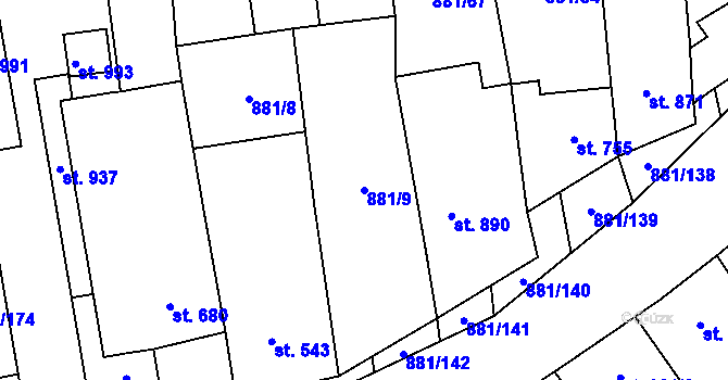 Parcela st. 881/9 v KÚ Vrbice u Velkých Pavlovic, Katastrální mapa