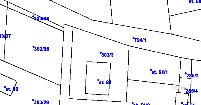 Parcela st. 303/3 v KÚ Tojice, Katastrální mapa